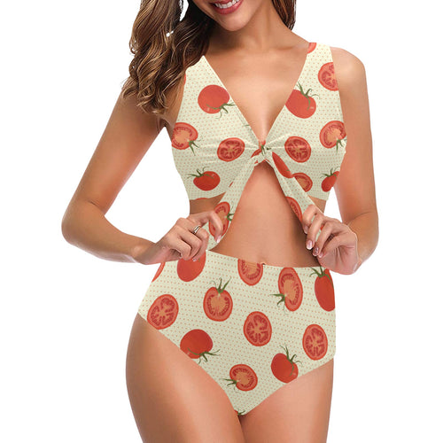 Tomato dot background Chest Bowknot High Waisted Bikini Swimsuit