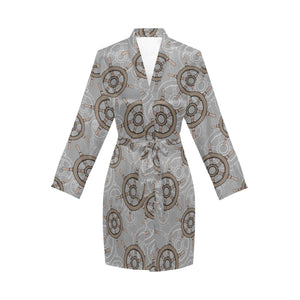 nautical wood steering wheel pattern Women's Long Sleeve Belted Night Robe