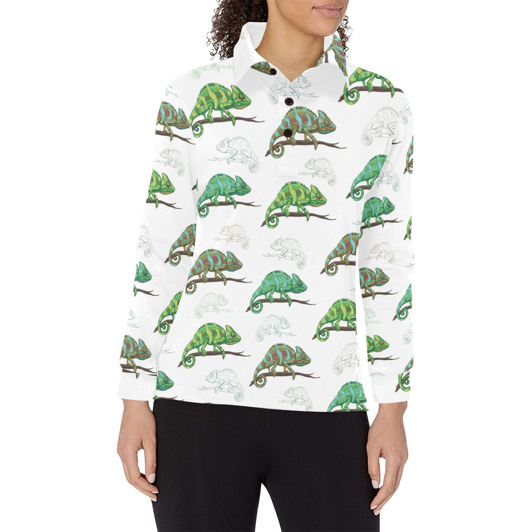 Chameleon lizard pattern Women's Long Sleeve Polo Shirt