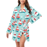 Red White sailboat wave background Women's Long Sleeve Belted Night Robe