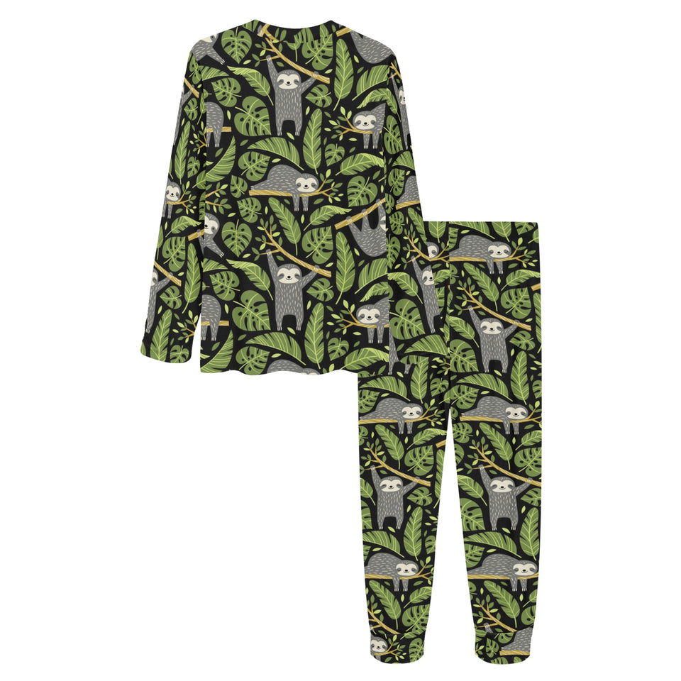 Cute sloths tropical palm leaves black background Women's All Over Print Pajama Set