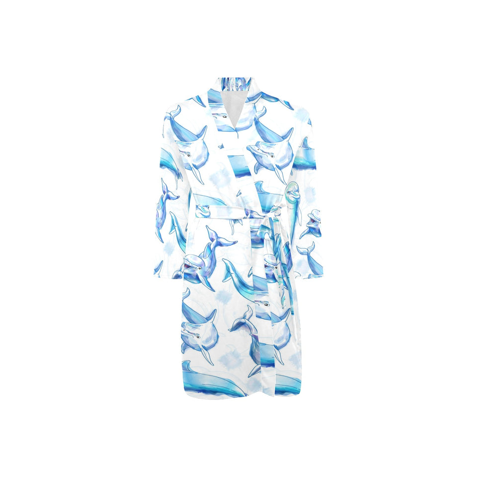 Watercolor dolphin pattern Men's Long Sleeve Belted Night Robe