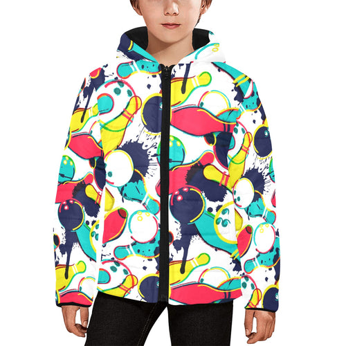 watercolor bowling ball pins Kids' Boys' Girls' Padded Hooded Jacket