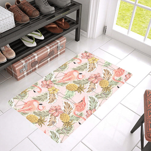 Pink flamingo birds pineapples hibiscus flower pat Doormat