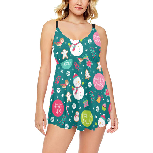 Snowman bird decorative elements christmas pattern Chest Sexy Pleated Two Piece Swim Dress