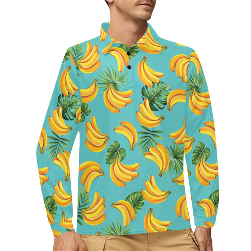 Banana Palm Leaves pattern background Men's Long Sleeve Polo Shirt