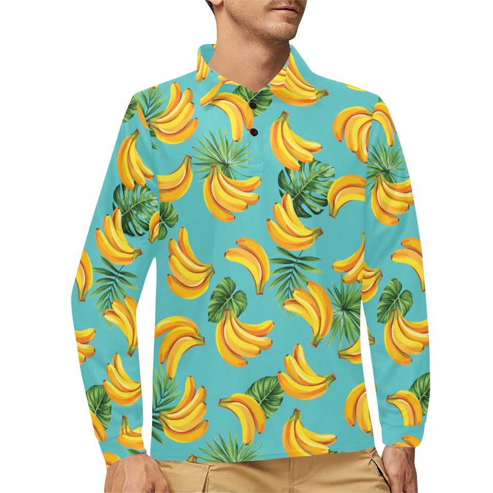 Banana Palm Leaves pattern background Men's Long Sleeve Polo Shirt