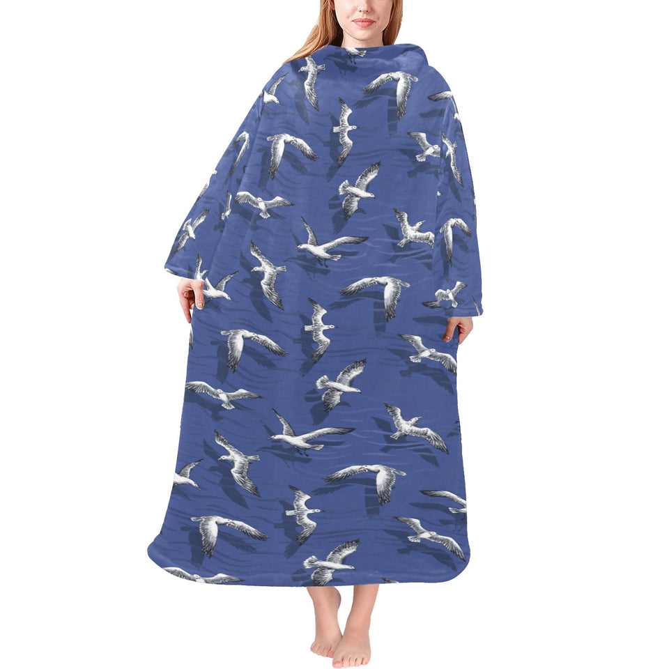 Seagull Pattern Print Design 03 Blanket Robe with Sleeves