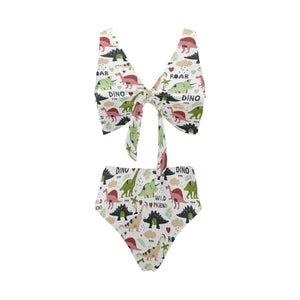 Cute dinosaurs pattern Chest Bowknot High Waisted Bikini Swimsuit