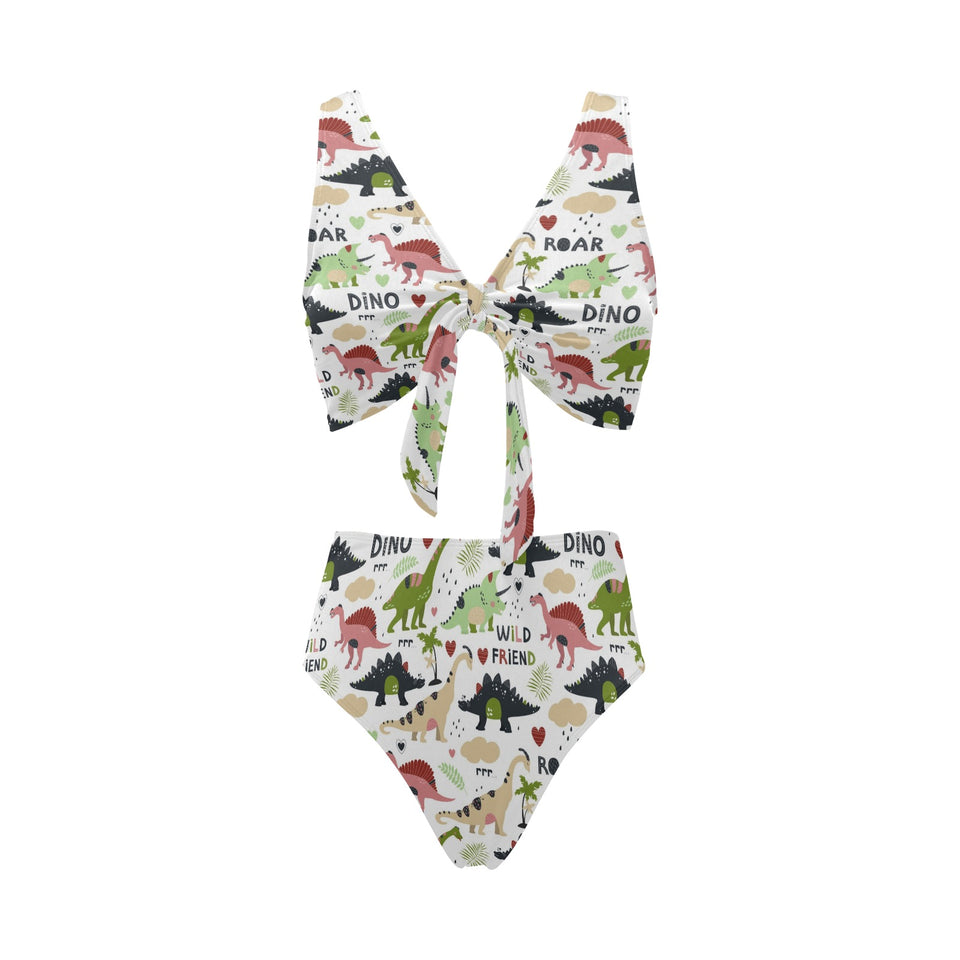 Cute dinosaurs pattern Chest Bowknot High Waisted Bikini Swimsuit