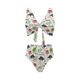 Cute dinosaurs pattern Chest Bowknot High Waisted Bikini Swimsuit