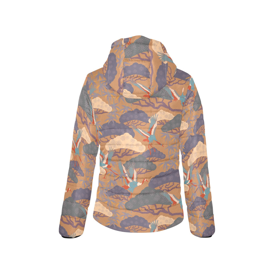 Bonsai bamboo stork japanese pattern brown theme Women's Padded Hooded Jacket