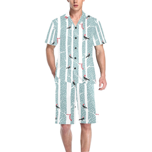 Crows christmas hat scarf Men's V-Neck Short Pajama Set