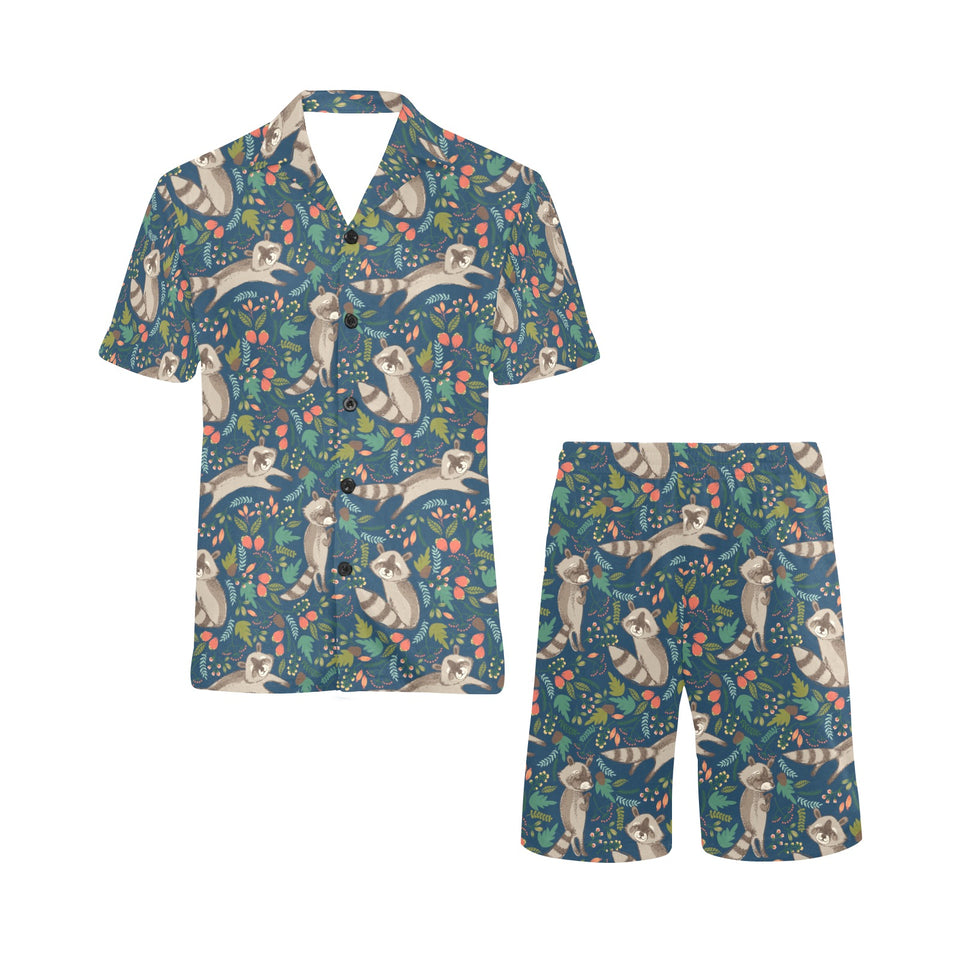 Raccoon tropical leaves pattern Men's V-Neck Short Pajama Set