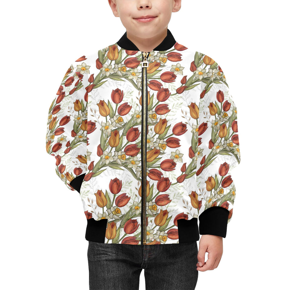 Red tulips and daffodils pattern Kids' Boys' Girls' Bomber Jacket