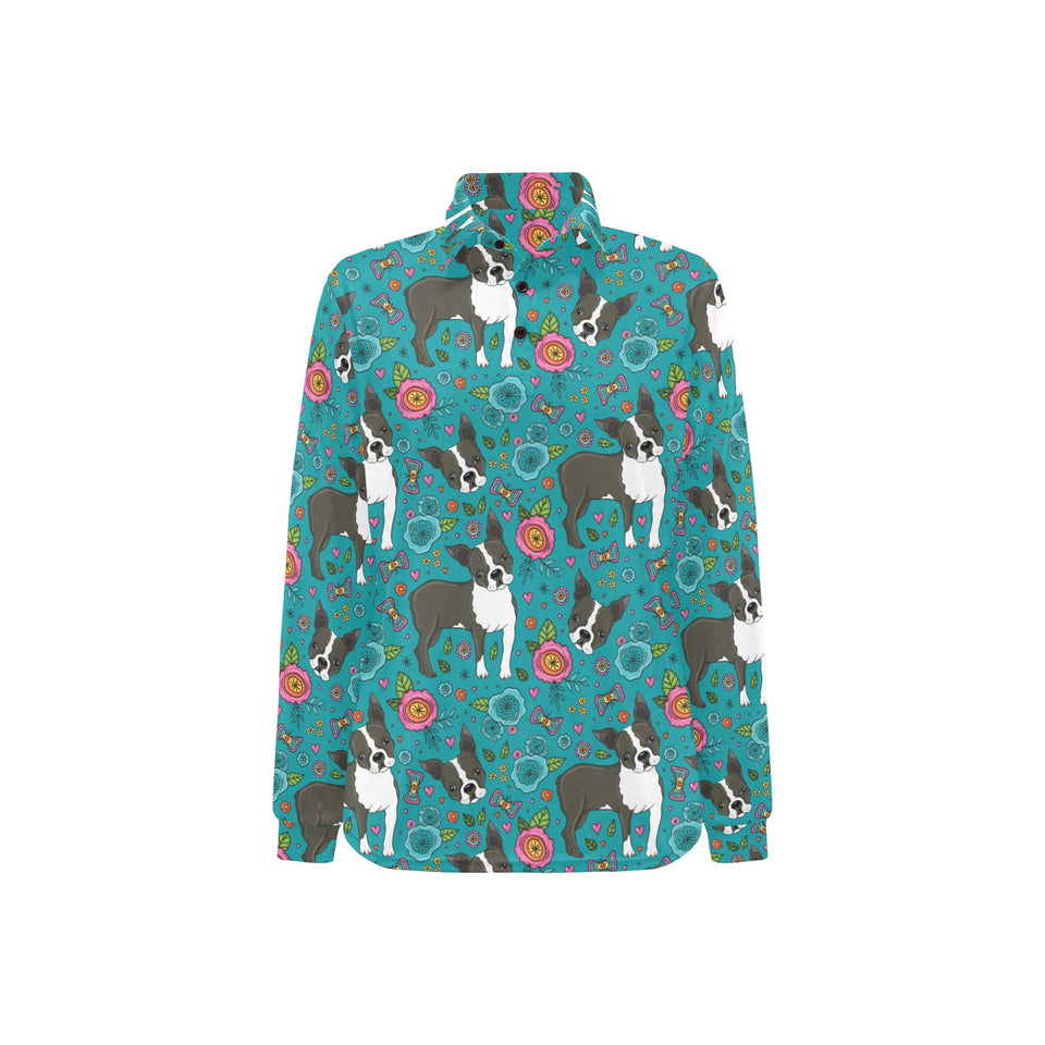Boston terrier beautiful flower pattern Women's Long Sleeve Polo Shirt