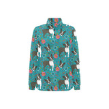Boston terrier beautiful flower pattern Women's Long Sleeve Polo Shirt