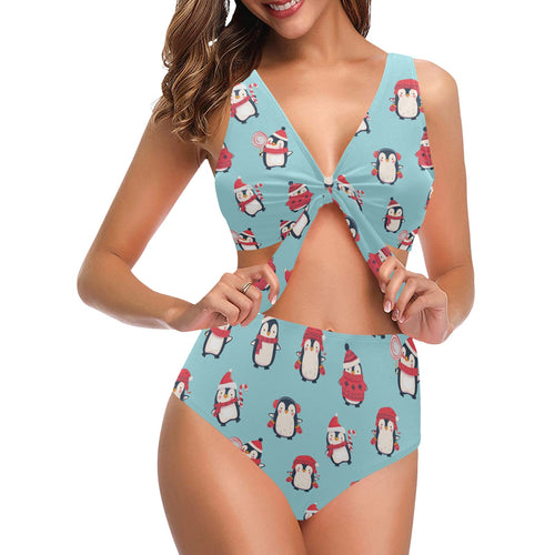 Cute penguin christmas design pattern Chest Bowknot High Waisted Bikini Swimsuit