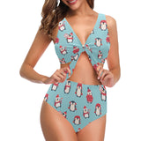Cute penguin christmas design pattern Chest Bowknot High Waisted Bikini Swimsuit