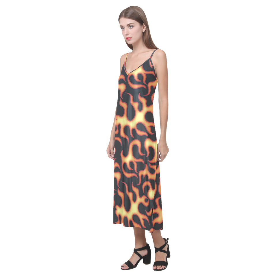 Fire flame dark pattern V-Neck Open Fork Long Dress