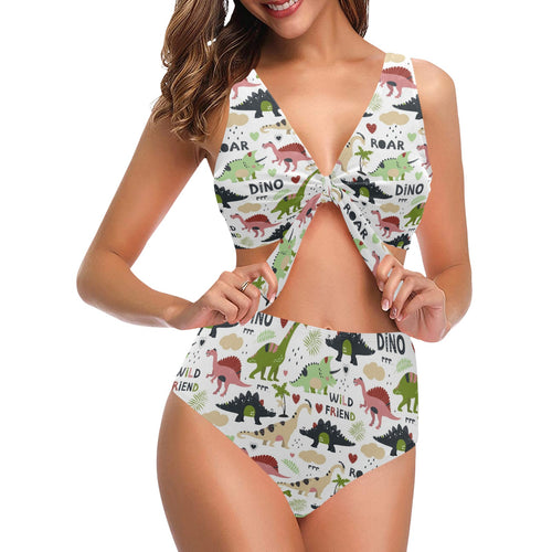 Cute dinosaurs pattern Chest Bowknot High Waisted Bikini Swimsuit