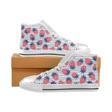 Strawberry pattern blue lines background Women's High Top Canvas Shoes White