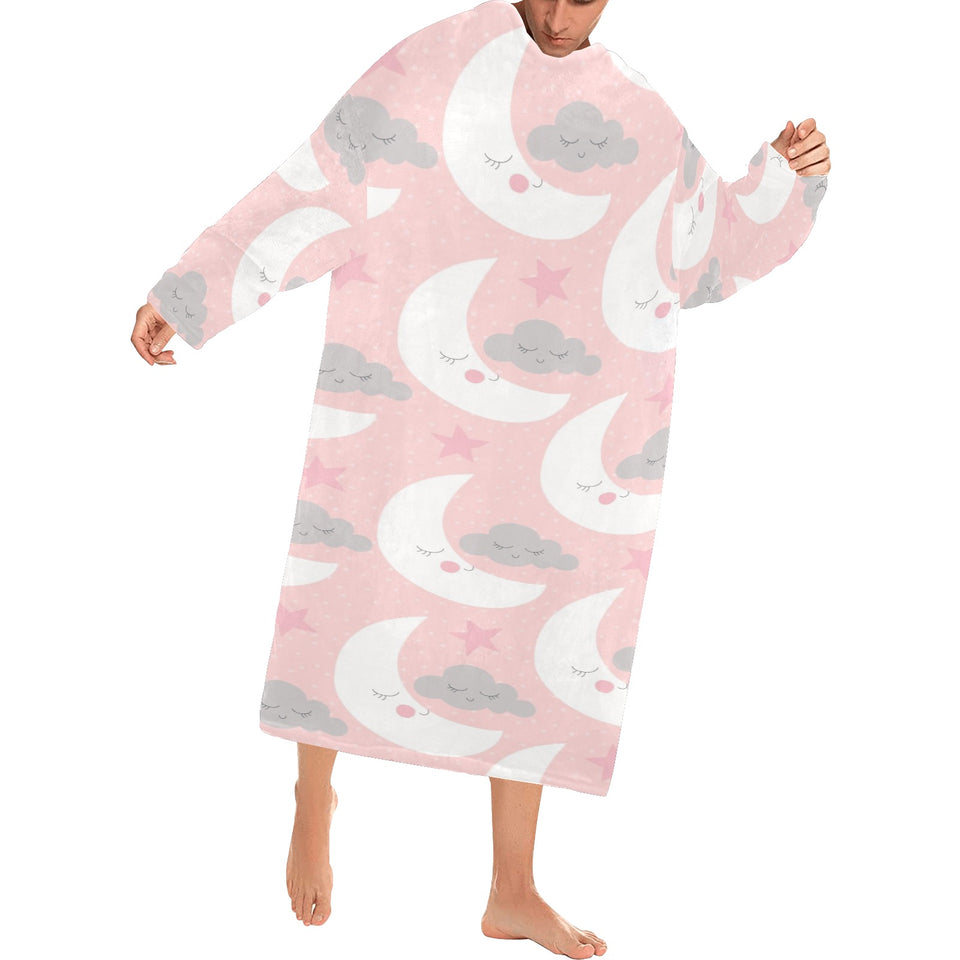 Cute moon cloud star pattern pink dot background Blanket Robe with Sleeves