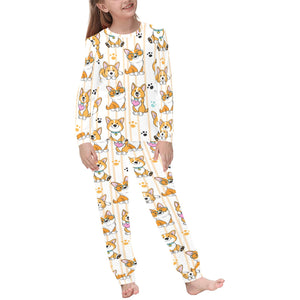 Cute dog corgi striped background pattern Kids' Boys' Girls' All Over Print Pajama Set
