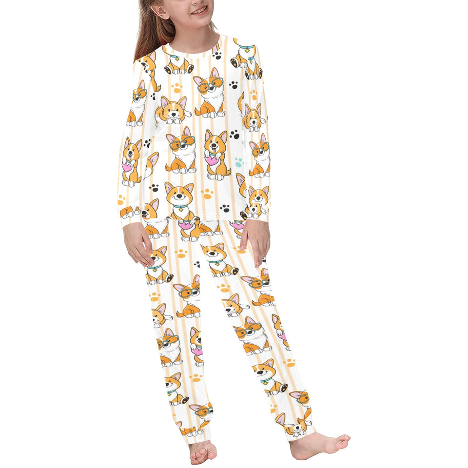 Cute dog corgi striped background pattern Kids' Boys' Girls' All Over Print Pajama Set