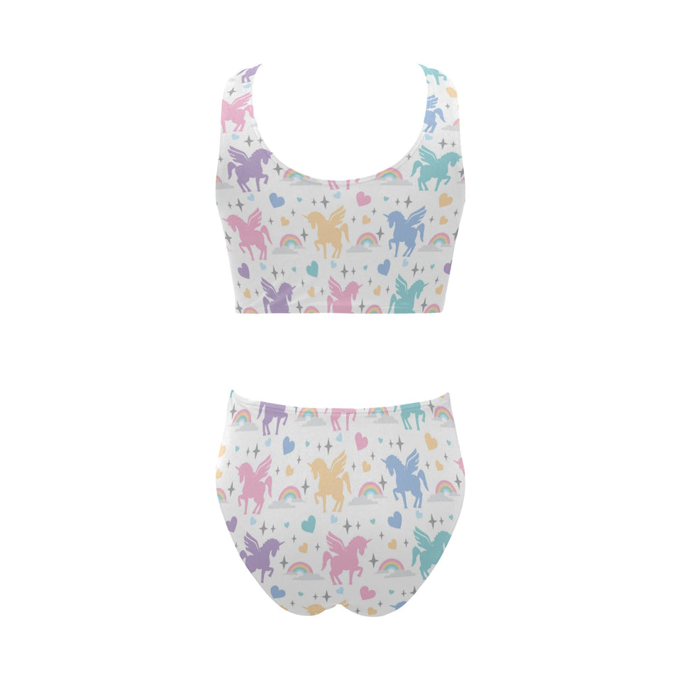 colorful unicorn rainbow heart pattern Chest Bowknot High Waisted Bikini Swimsuit