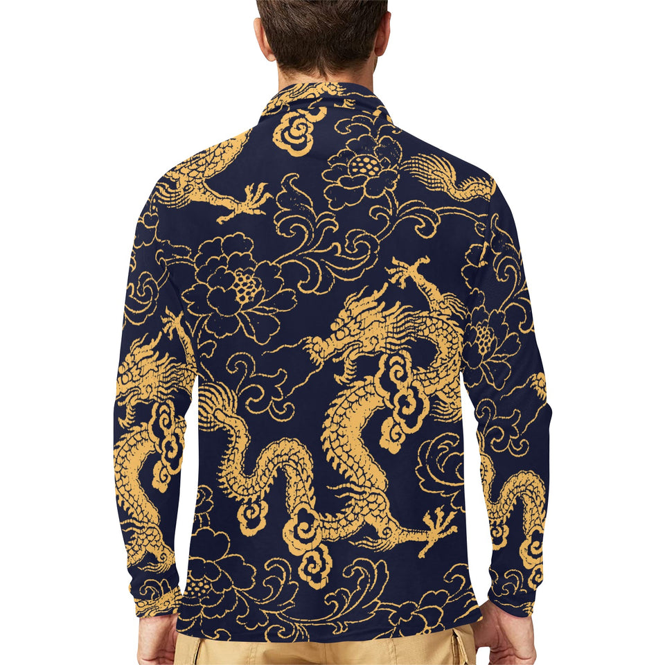 Gold dragon pattern Men's Long Sleeve Polo Shirt