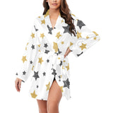 hand drawn gold black star pattern Women's Long Sleeve Belted Night Robe