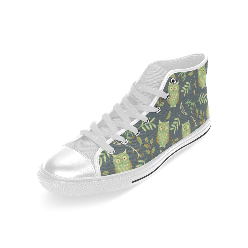 Cute owls leaves pattern Men's High Top Canvas Shoes White