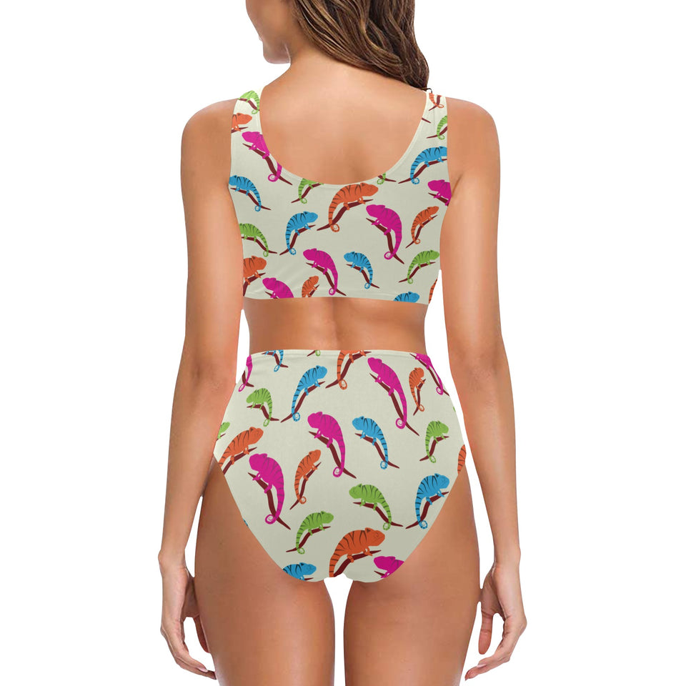 Colorful Chameleon lizard pattern Chest Bowknot High Waisted Bikini Swimsuit