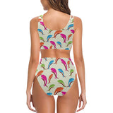 Colorful Chameleon lizard pattern Chest Bowknot High Waisted Bikini Swimsuit