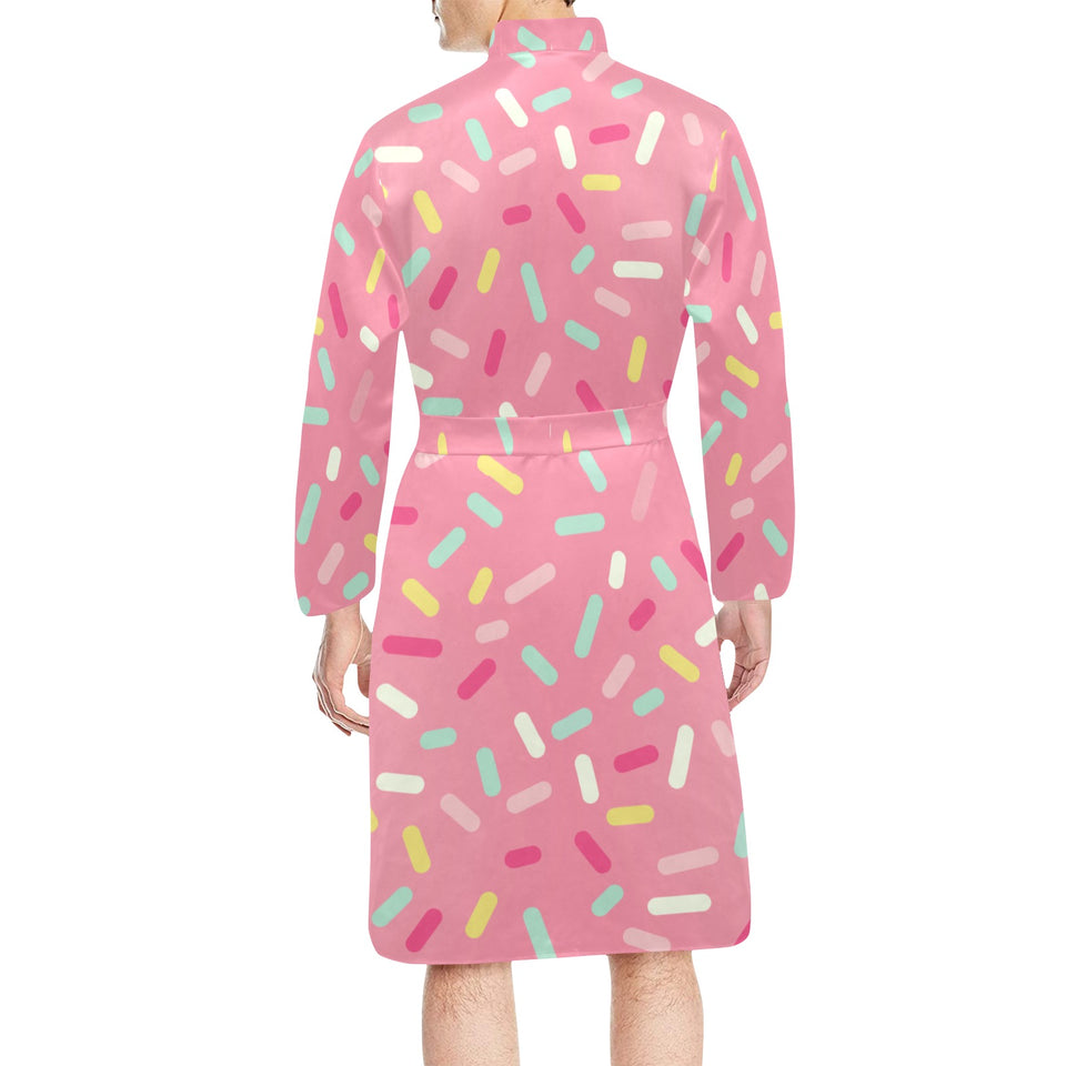 Pink donut glaze candy pattern Men's Long Sleeve Belted Night Robe