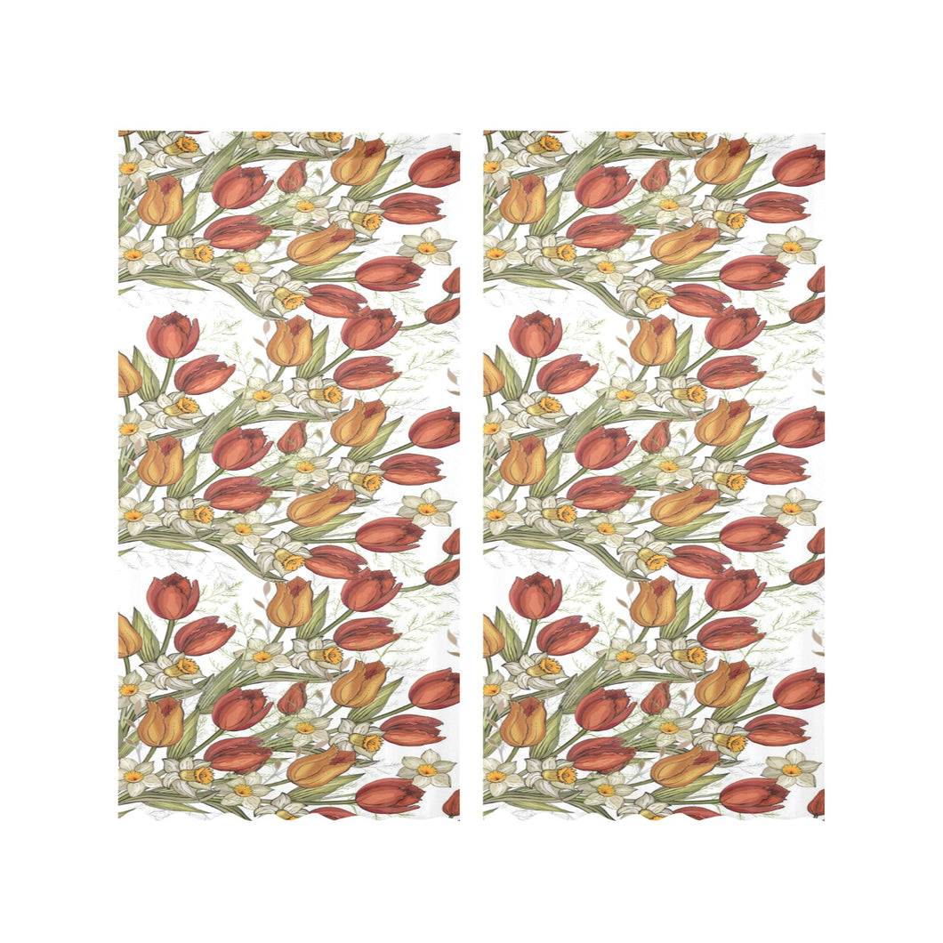 Red tulips and daffodils pattern Gauze Curtain