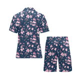 Pink sakura cherry blossom blue background Men's V-Neck Short Pajama Set