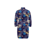 Blue japanese pattern cloud wave flower Men's Long Sleeve Belted Night Robe