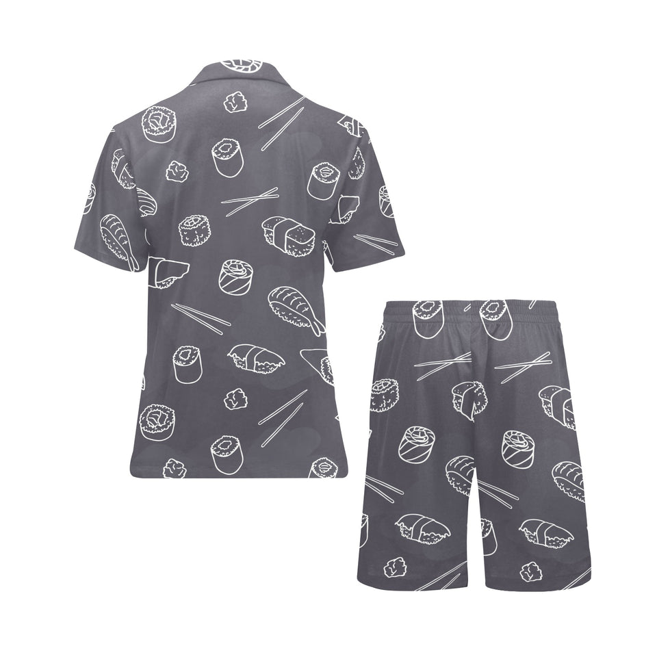 sushi pattern black background Men's V-Neck Short Pajama Set