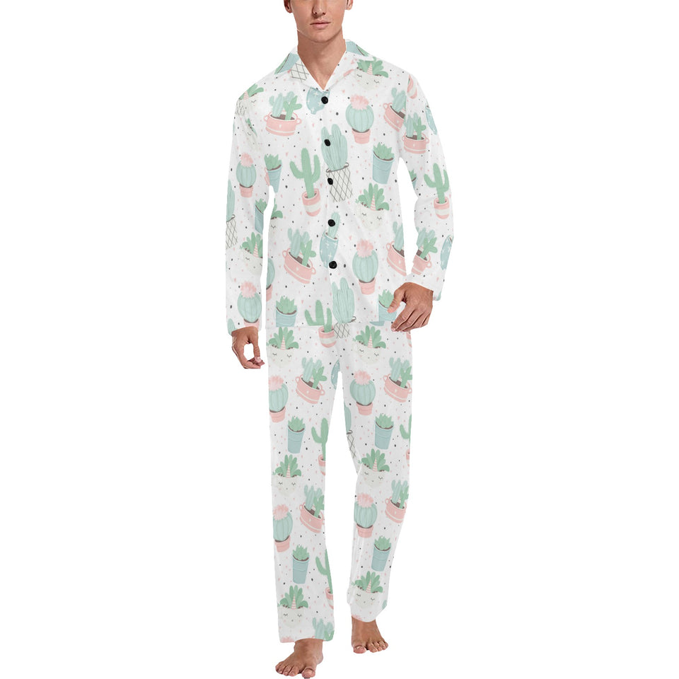 Pastel color cactus pattern Men's Long Pajama Set