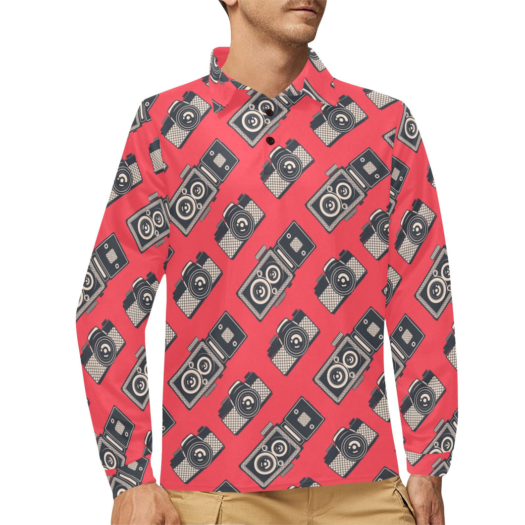 Camera Pattern Print Design 05 Men's Long Sleeve Polo Shirt