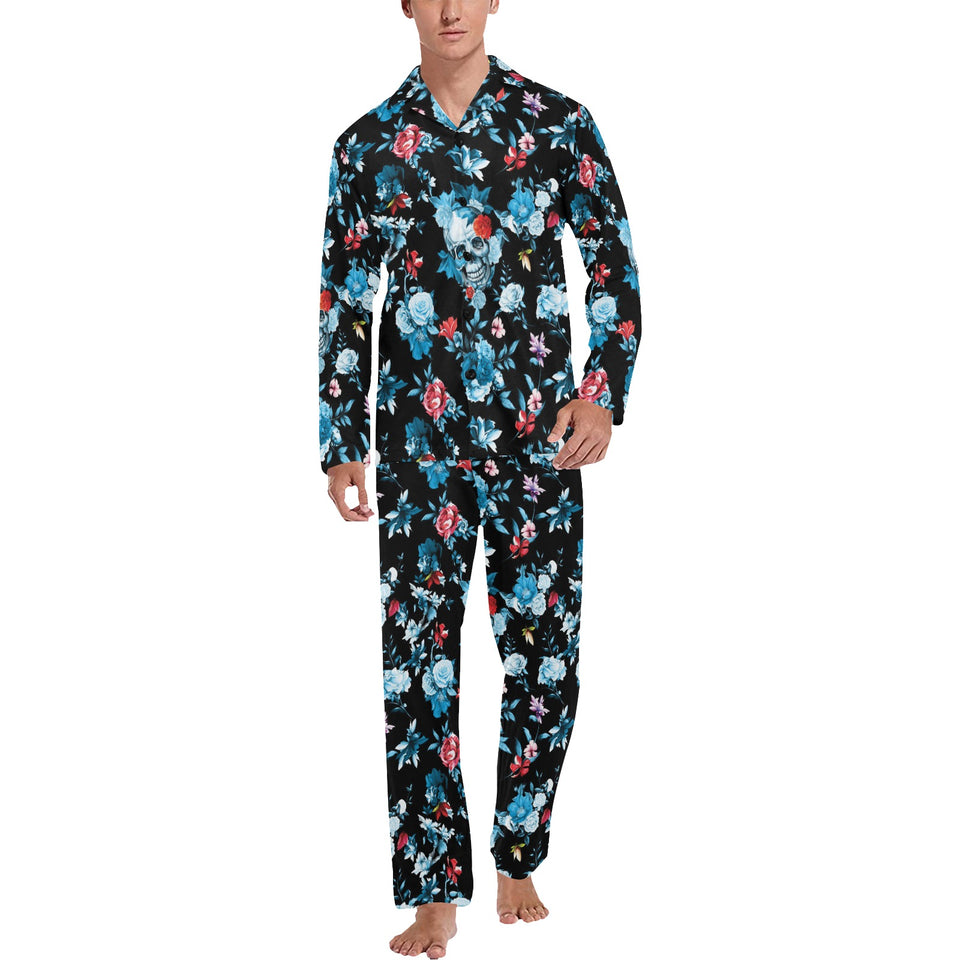 Skull flower roses leave pattern Men's Long Pajama Set