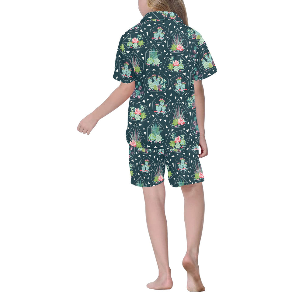 Cactus glass terrarium pattern Kids' Boys' Girls' V-Neck Short Pajama Set