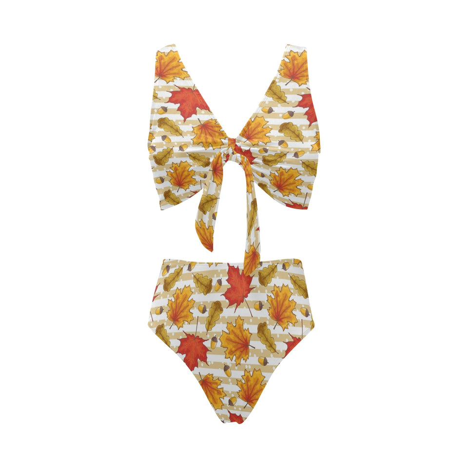 Maple leaf oak leaf acorns beige striped backgroun Chest Bowknot High Waisted Bikini Swimsuit