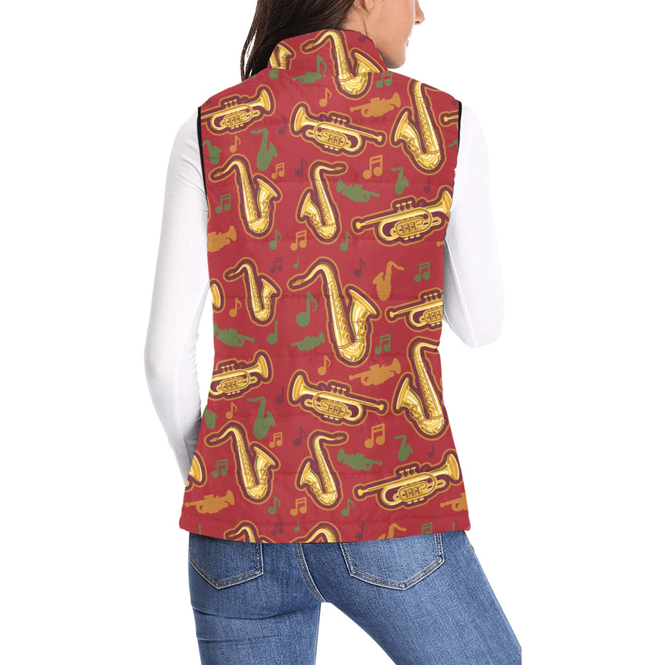 Saxophone cornet pattern red background Women's Padded Vest