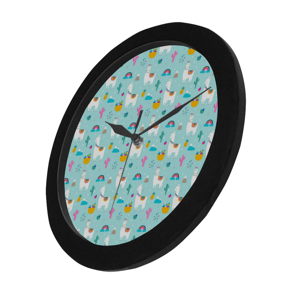 Llama alpaca cactus leaves pattern Elegant Black Wall Clock