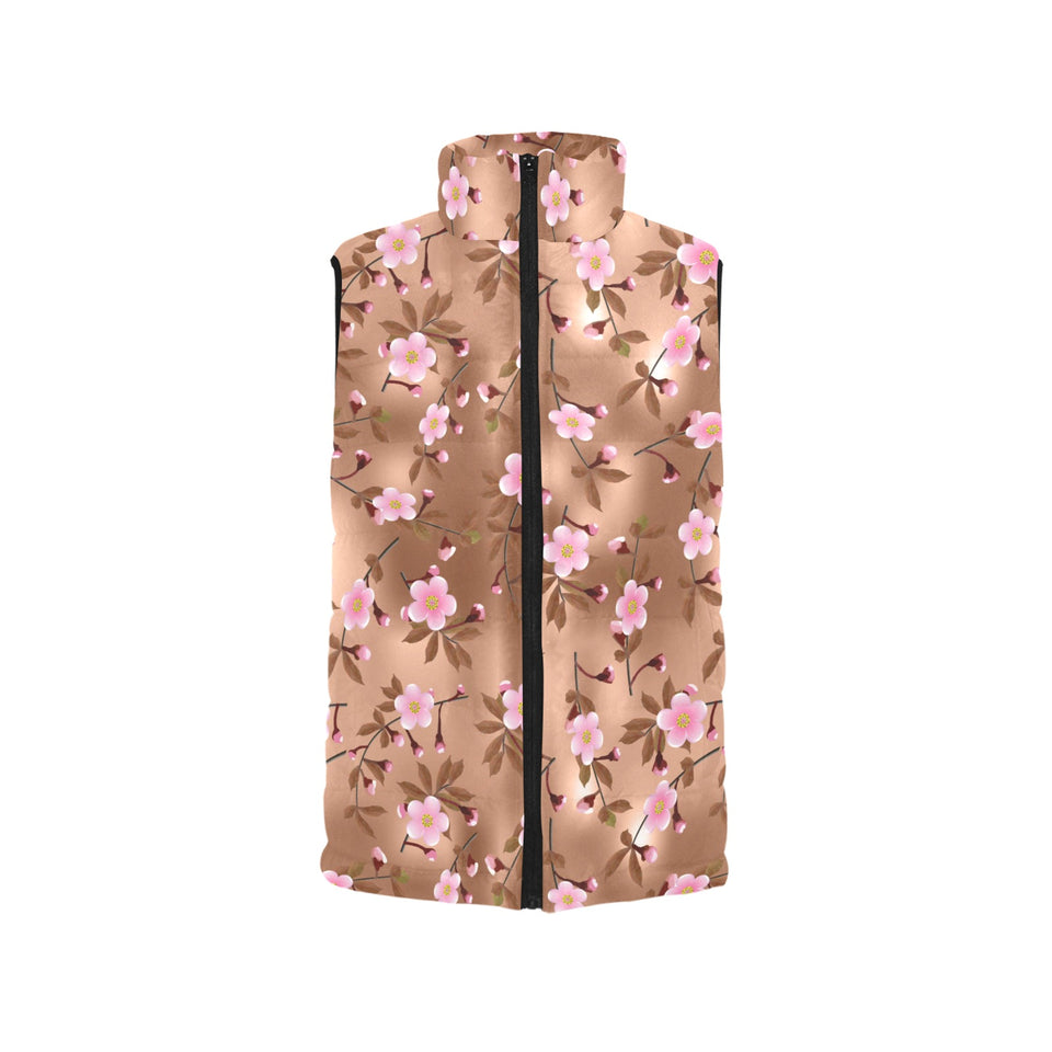 Pink sakura cherry blossom drak brown background Women's Padded Vest