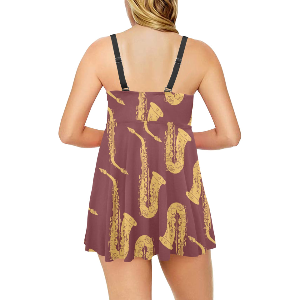 Hand drawn gold saxophone red background Chest Sexy Pleated Two Piece Swim Dress