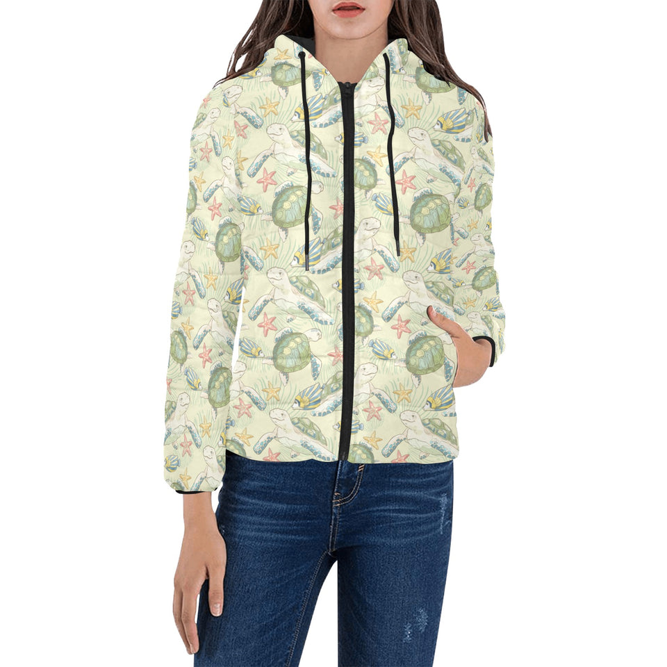 Hand drawn sea turtle fish pattern Women's Padded Hooded Jacket